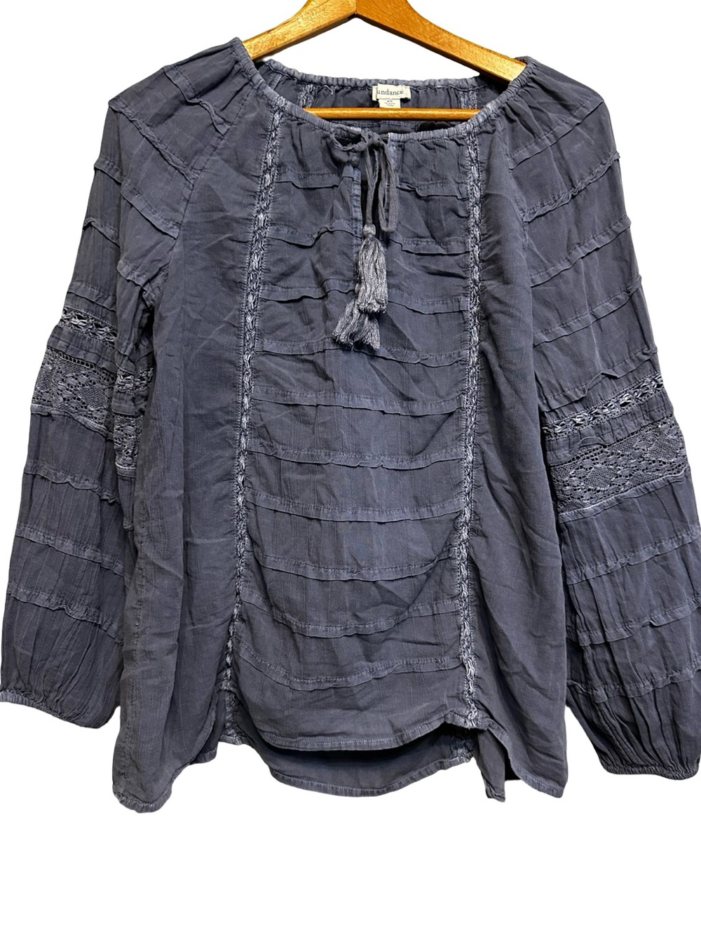 Sundance Boho Peasant Blouse Blue Lace Tassel Tie Long Sleeve Top XS Cotton